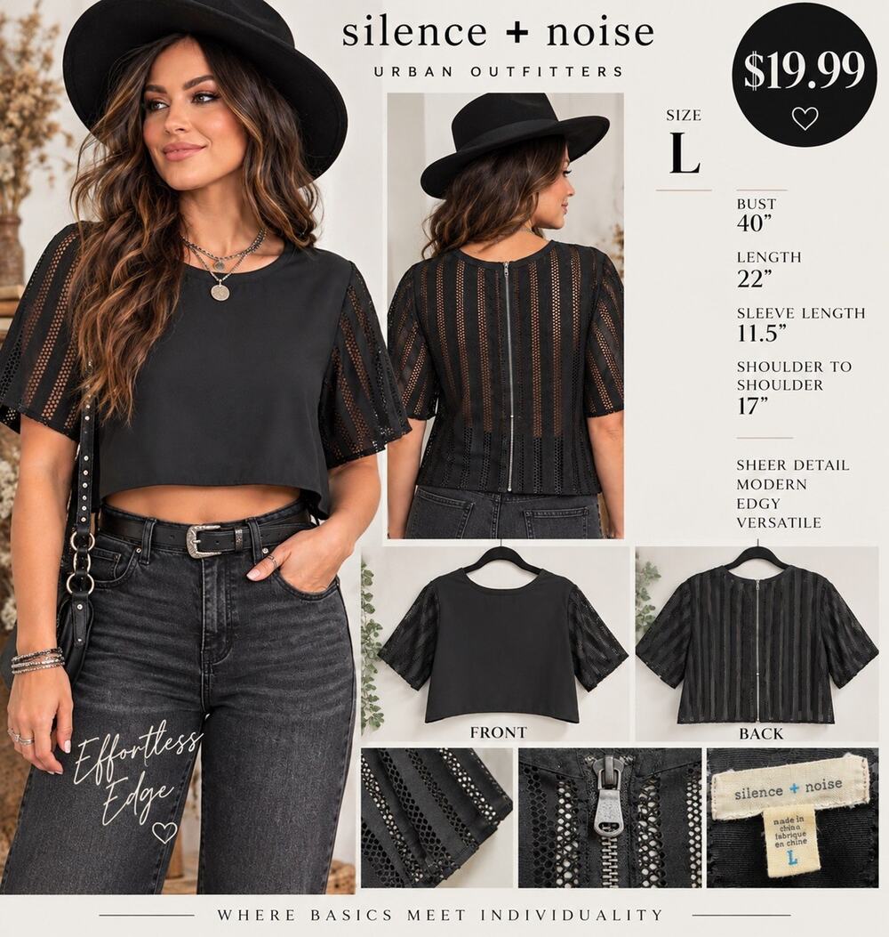 silence + noise Women’s Black Sheer Striped Mesh Blouse L Back Zip Round Neck